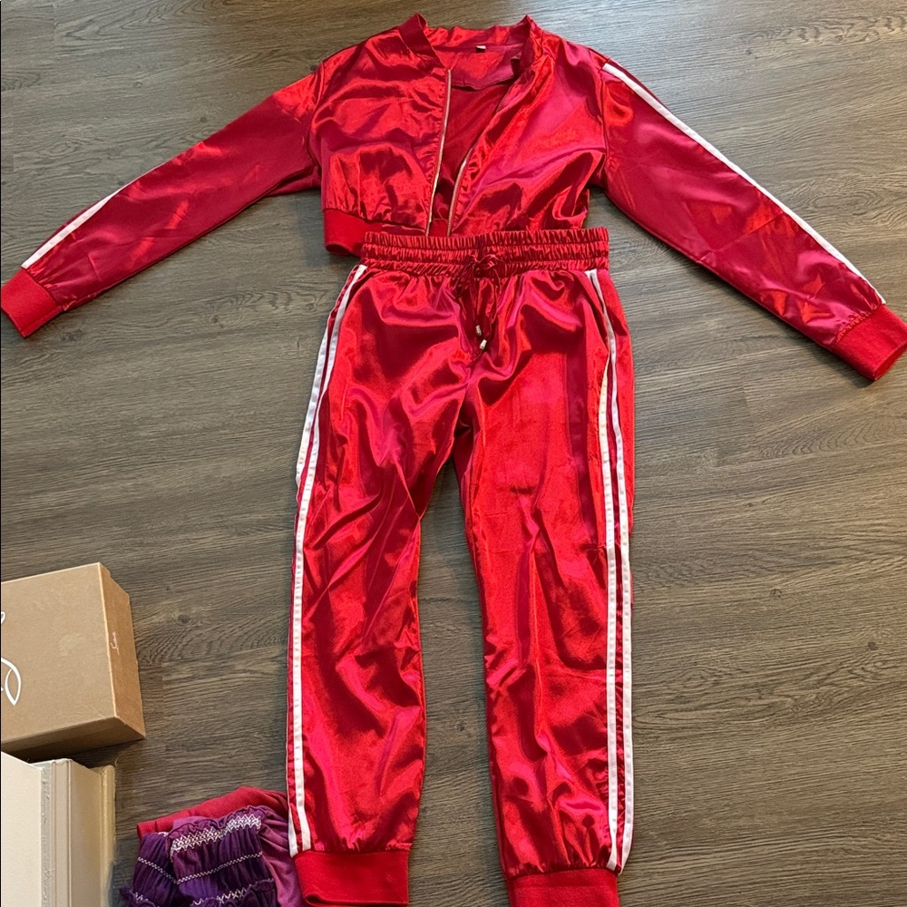 Red Satin Tracksuit with White Stripes